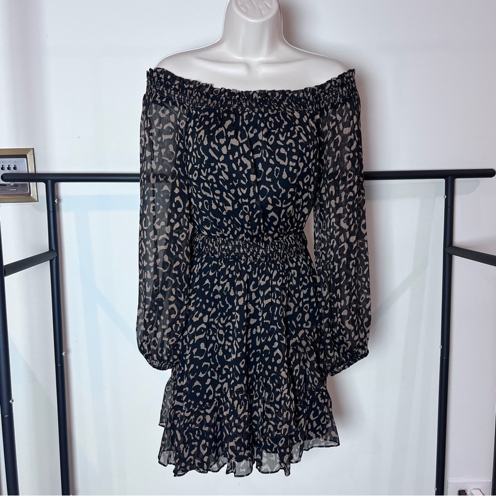 Off-Shoulder Mini Dress Animal Print Medium Sheer Ruffle Whimsigoth Leopard